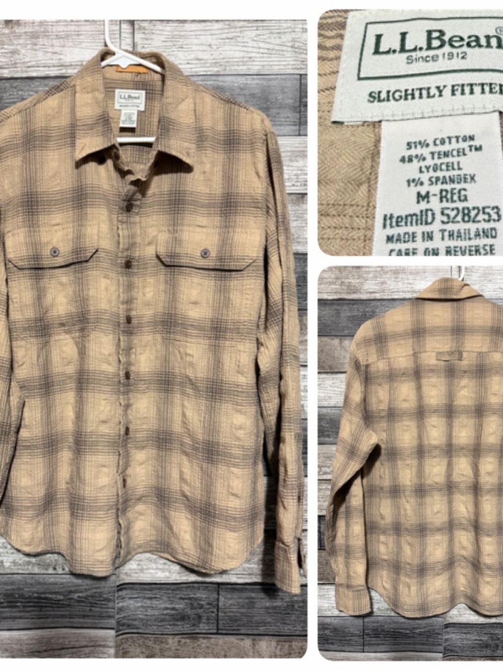 LL Bean Slightly Fitted Plaid Seersucker Button Up Shirt Men’s M Tan Long Sleeve